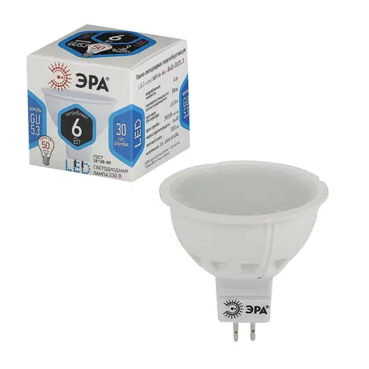 Лампа светодиодная ЭРА, 6 (50) Вт, цоколь GU5.3, MR16, холодный белый свет, 30000 ч., LED smdMR16-6w-840-GU5.3, фото 1