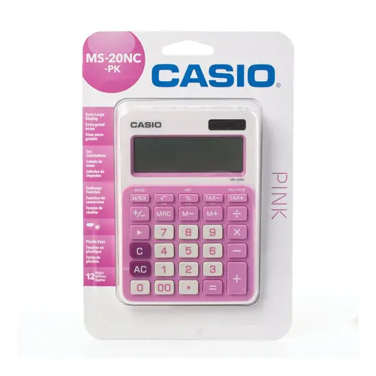 Калькулятор CASIO настольный MS-20NC-PK-S, 12 разрядов, двойное питание, 150х105 мм, блистер, белый/розовый, MS-20NC-PK-S-EC, фото 2