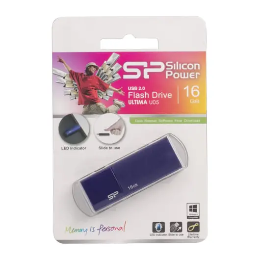 Флеш-диск 16 GB, SILICON POWER Ultima U05, USB 2.0, синий, SP16GBUF2U05V1D, фото 3