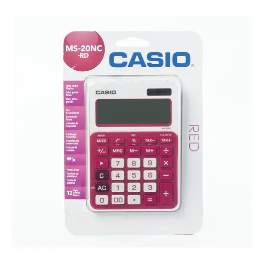 Калькулятор настольный CASIO MS-20NC-RD-S (150х105 мм) 12 разрядов, двойное питание, белый/красный, блистер, MS-20NC-RD-S-EC, фото 2