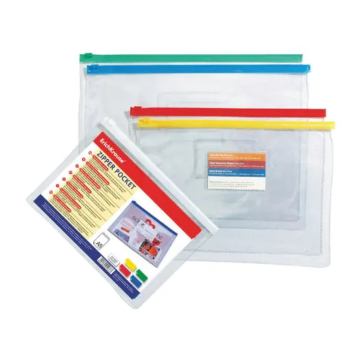 Папка-конверт на молнии А4 (335х238 мм), карман для визиток, молния ассорти, прозрачная, 0,14 мм, ERICH KRAUSE, 2935, фото 1