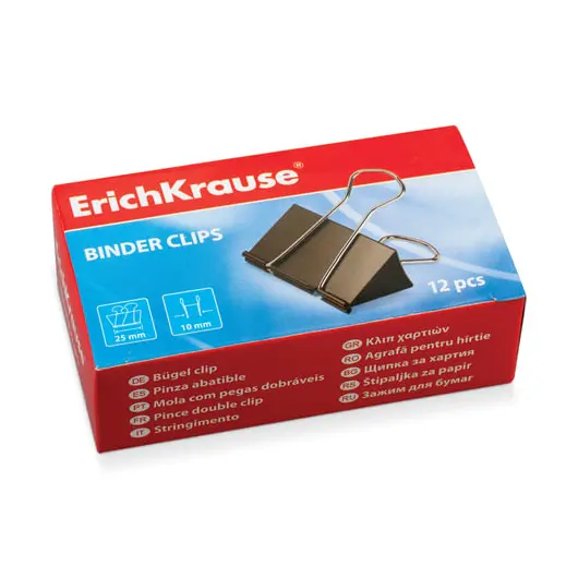 Зажимы для бумаг ERICH KRAUSE, КОМПЛЕКТ 12 шт., 25 мм, на 110 листов, черные, картонная коробка, 25087, фото 1