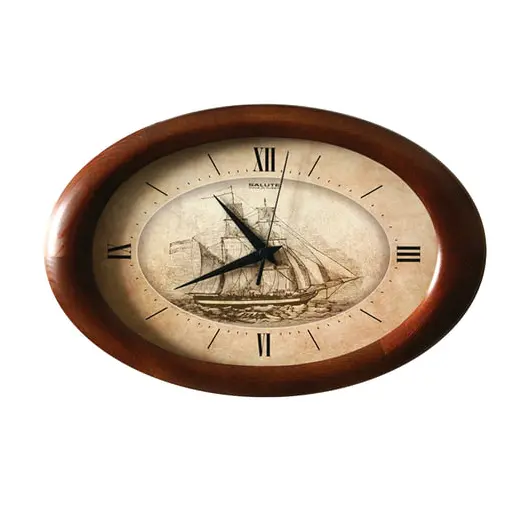 Часы настенные САЛЮТ ДС-ОБ28-196, круг, бежевые с рисунком &quot;Корабль&quot;, деревянная рамка, 40х26,5х4 см, фото 1