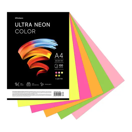 Бумага цветная OfficeSpace &quot;Ultra Neon Color&quot;, A4, 75 г/м², 100л., (5 цветов), фото 2