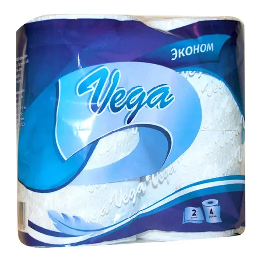 Бумага туалетная Vega &quot;Эконом&quot; 2-слойная, 4шт., тиснение и перфорация, белая, фото 1