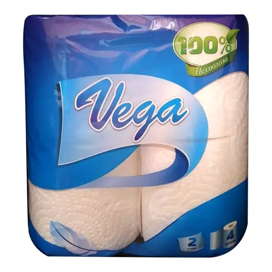 Бумага туалетная Vega &quot;100% целлюлоза&quot; 2-слойная, 4шт., тиснение и перфорация, белая, фото 1