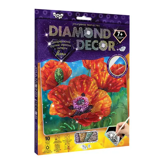 Картина из страз и глиттера Danko toys «Diamond decor. Маки», комплект страз, карандаш-аппликатор, губка, акриловый лак, фото 1