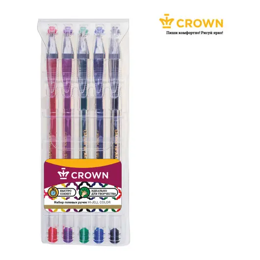 Набор гелевых ручек Crown &quot;Hi-Jell Color&quot; 5шт., 5цв., 0,5мм, ПВХ уп., европодвес, фото 1
