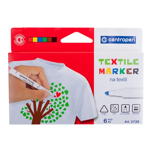 Набор маркеров для ткани Centropen &quot;Textil Marker 2739&quot; 06цв., 1,8мм, картон. уп., европодвес, фото 1
