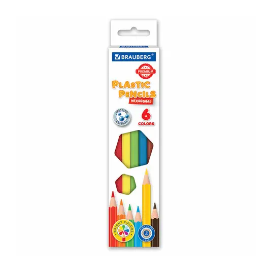 Карандаши цветные пластиковые BRAUBERG PREMIUM, 6 цветов, шестигранные, грифель мягкий 3 мм, 181665, фото 1