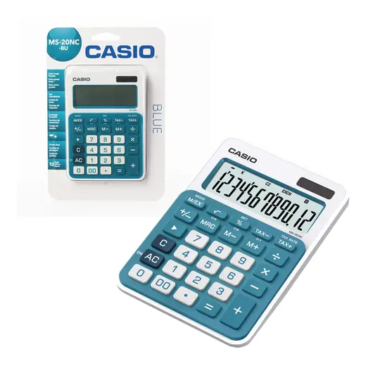 Калькулятор CASIO настольный MS-20NC-BU-S, 12 разрядов, двойное питание, 150х105 мм, блистер, белый/голубой, MS-20NC-BU-S-EC, фото 1