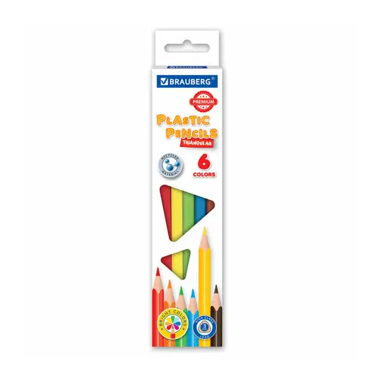 Карандаши цветные пластиковые BRAUBERG PREMIUM, 6 цветов, трехгранные, грифель мягкий 3 мм, 181660, фото 1