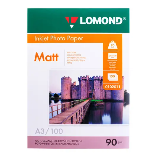 Фотобумага А3 для стр. принтеров Lomond,  90г/м2 (100л) мат.одн., фото 1