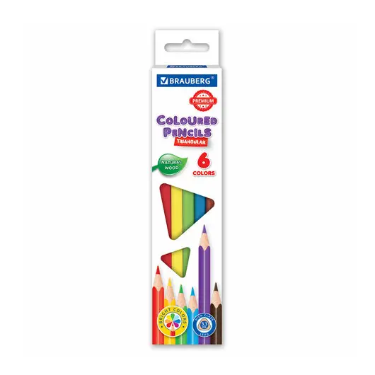 Карандаши цветные BRAUBERG PREMIUM, 6 цветов, трехгранные, грифель мягкий 3,3 мм, 181650, фото 1