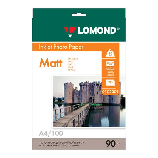 Фотобумага А4 для стр. принтеров Lomond,  90г/м2 (100л) мат.одн., фото 1