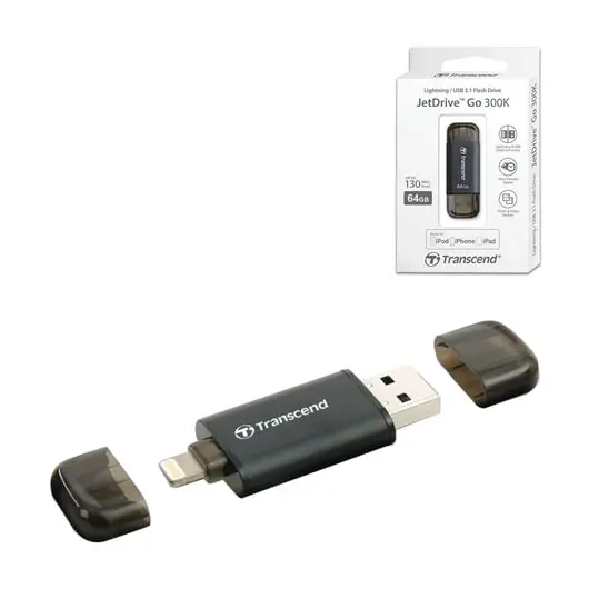 Флэш-диск 64 GB, TRANSCEND JetDrive Go 300, USB 3.1, черный, подключение к IPhone (iPad), TS64GJDG300K, фото 1