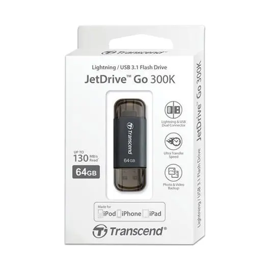 Флэш-диск 64 GB, TRANSCEND JetDrive Go 300, USB 3.1, черный, подключение к IPhone (iPad), TS64GJDG300K, фото 2