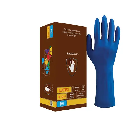 Перчатки латексные смотровые КОМПЛЕКТ 25пар(50шт), M (средний), синие, SAFE&amp;CARE High Risk DL 215, фото 1