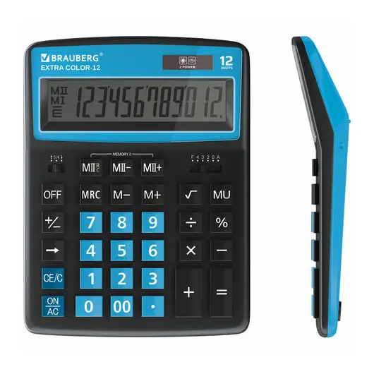 Калькулятор настольный BRAUBERG EXTRA COLOR-12-BKBU (206x155 мм), 12 разрядов, двойное питание, ЧЕРНО-ГОЛУБОЙ, 250476, фото 2