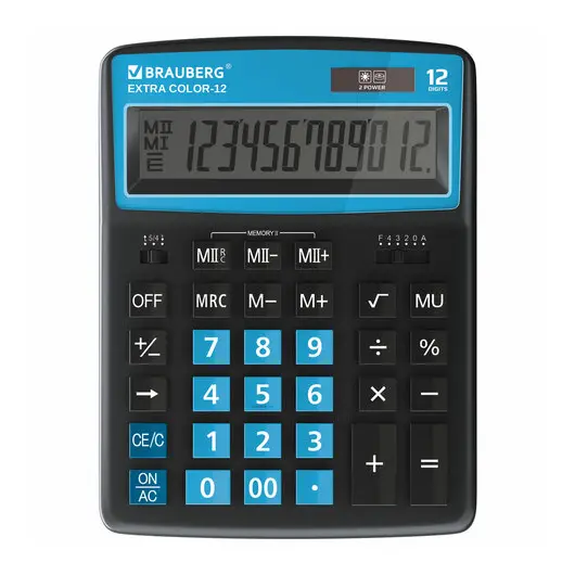 Калькулятор настольный BRAUBERG EXTRA COLOR-12-BKBU (206x155 мм), 12 разрядов, двойное питание, ЧЕРНО-ГОЛУБОЙ, 250476, фото 1