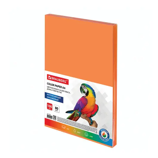 Бумага цветная BRAUBERG, А4, 80г/м, 100 л, интенсив, оранжевая, для офисной техники, 112452, фото 1