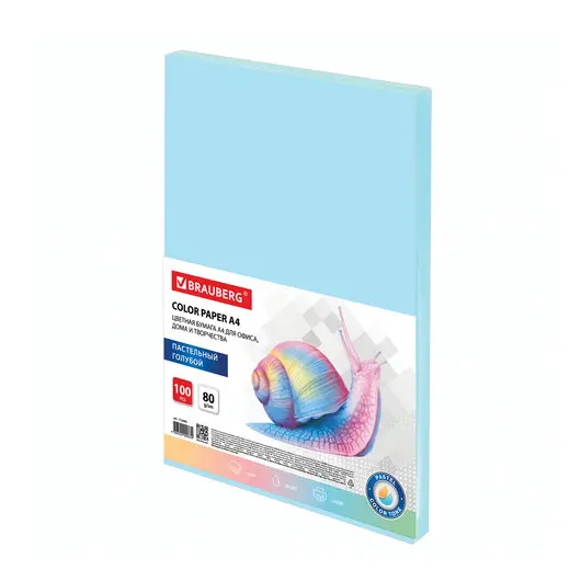 Бумага цветная BRAUBERG, А4, 80г/м, 100 л, пастель, голубая, для офисной техники, 112445, фото 1