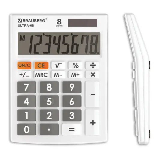 Калькулятор настольный BRAUBERG ULTRA-08-WT, КОМПАКТНЫЙ (154x115 мм), 8 разрядов, двойное питание, БЕЛЫЙ, 250512, фото 1