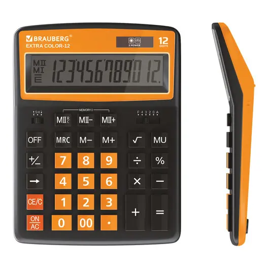 Калькулятор настольный BRAUBERG EXTRA COLOR-12-BKRG (206x155 мм), 12 разрядов, двойное питание, ЧЕРНО-ОРАНЖЕВЫЙ, 250478, фото 1