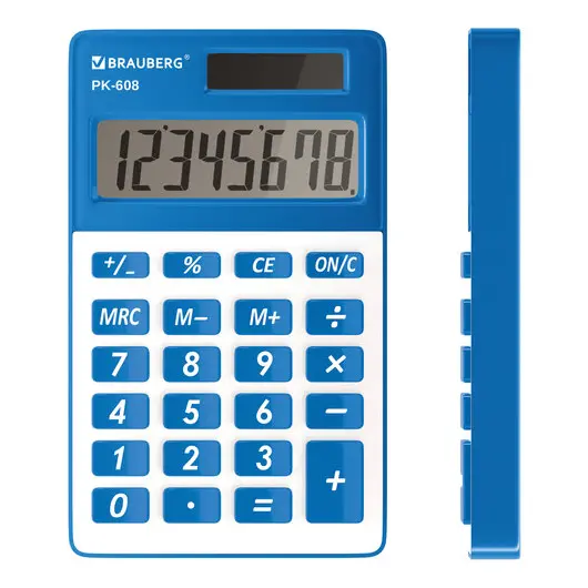 Калькулятор карманный BRAUBERG PK-608-BU (107x64 мм), 8 разрядов, двойное питание, СИНИЙ, 250519, фото 1
