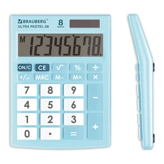 Калькулятор настольный BRAUBERG ULTRA PASTEL-08-LB, КОМПАКТНЫЙ (154x115 мм), 8 разрядов, двойное питание, ГОЛУБОЙ, 250513, фото 1