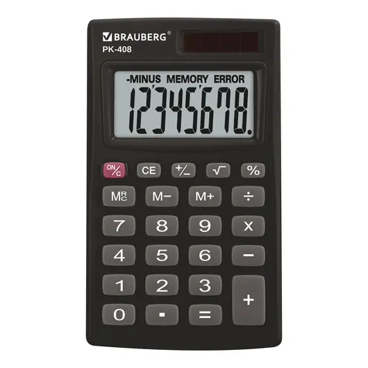 Калькулятор карманный BRAUBERG PK-408-BK (97x56 мм), 8 разрядов, двойное питание, ЧЕРНЫЙ, 250517, фото 1