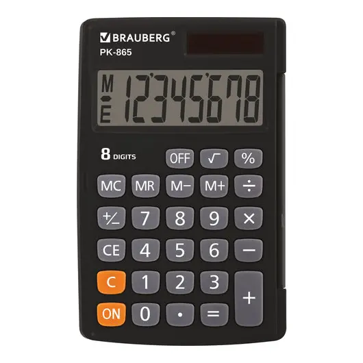 Калькулятор карманный BRAUBERG PK-865-BK (120x75 мм), 8 разрядов, двойное питание, ЧЕРНЫЙ, 250524, фото 1