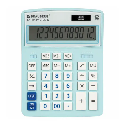 Калькулятор настольный BRAUBERG EXTRA PASTEL-12-LB (206x155 мм), 12 разрядов, двойное питание, ГОЛУБОЙ, 250486, фото 1
