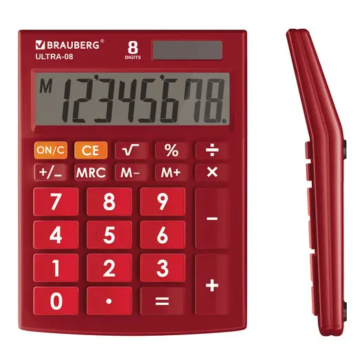 Калькулятор настольный BRAUBERG ULTRA-08-WR, КОМПАКТНЫЙ (154x115 мм), 8 разрядов, двойное питание, БОРДОВЫЙ, 250510, фото 1