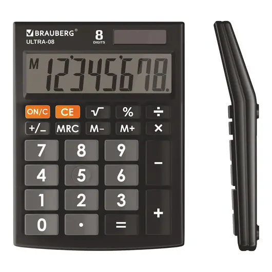 Калькулятор настольный BRAUBERG ULTRA-08-BK, КОМПАКТНЫЙ (154x115 мм), 8 разрядов, двойное питание, ЧЕРНЫЙ, 250507, фото 1