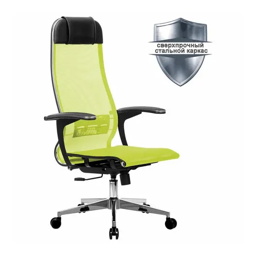 Кресло офисное МЕТТА &quot;К-4-Т&quot; хром, прочная сетка, сиденье и спинка регулируемые, светло-зеленое, фото 1