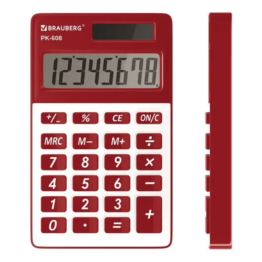 Калькулятор карманный BRAUBERG PK-608-WR (107x64 мм), 8 разрядов, двойное питание, БОРДОВЫЙ, 250521, фото 1