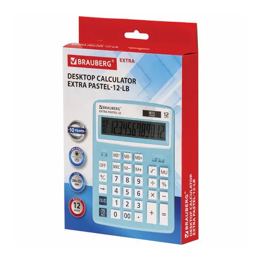 Калькулятор настольный BRAUBERG EXTRA PASTEL-12-LB (206x155 мм), 12 разрядов, двойное питание, ГОЛУБОЙ, 250486, фото 11