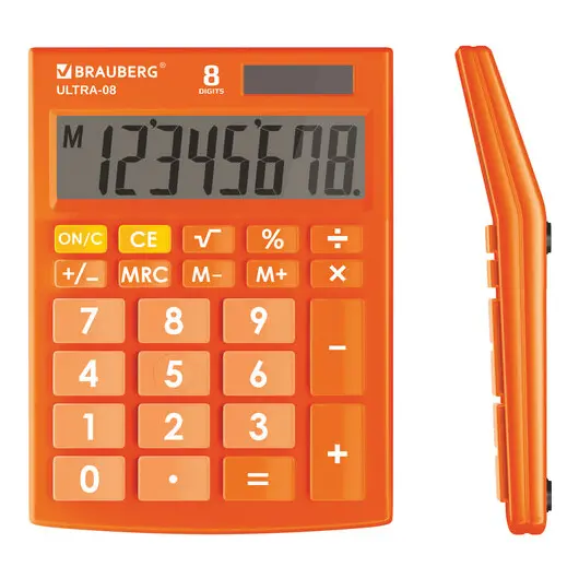 Калькулятор настольный BRAUBERG ULTRA-08-RG, КОМПАКТНЫЙ (154x115 мм), 8 разрядов, двойное питание, ОРАНЖЕВЫЙ, 250511, фото 1