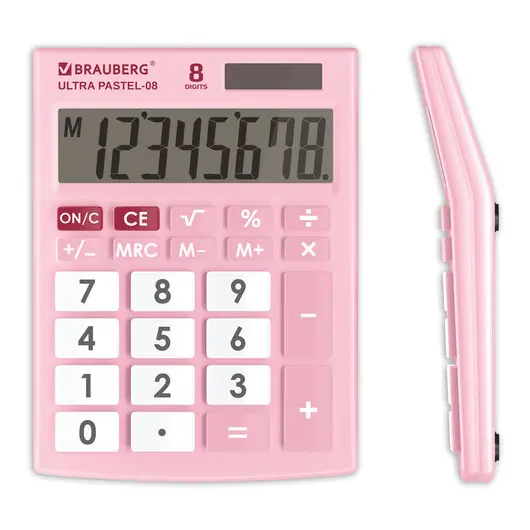Калькулятор настольный BRAUBERG ULTRA PASTEL-08-PK, КОМПАКТНЫЙ (154x115 мм), 8 разрядов, двойное питание, РОЗОВЫЙ, 250514, фото 1