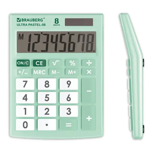 Калькулятор настольный BRAUBERG ULTRA PASTEL-08-LG, КОМПАКТНЫЙ (154x115 мм), 8 разрядов, двойное питание, МЯТНЫЙ, 250515, фото 1