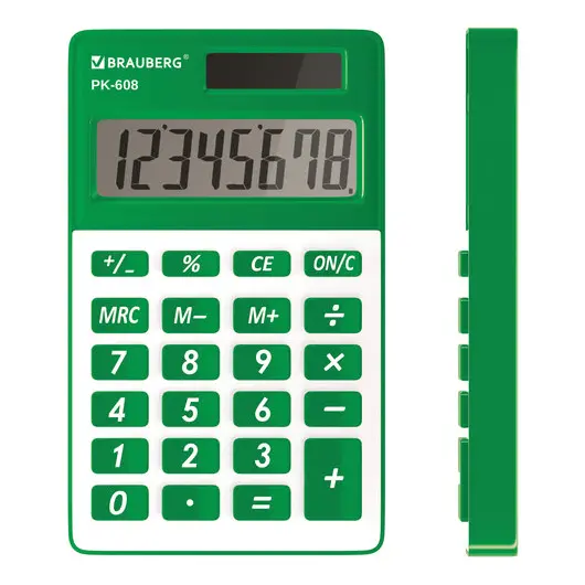Калькулятор карманный BRAUBERG PK-608-GN (107x64 мм), 8 разрядов, двойное питание, ЗЕЛЕНЫЙ, 250520, фото 1