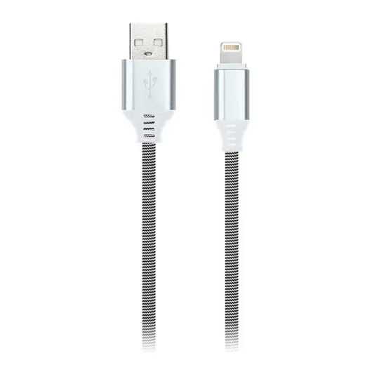 Кабель Smartbuy iK-512NS, USB(AM) - Lightning(M), для Apple, в оплетке, 2A output, 1м, белый, черный, фото 1
