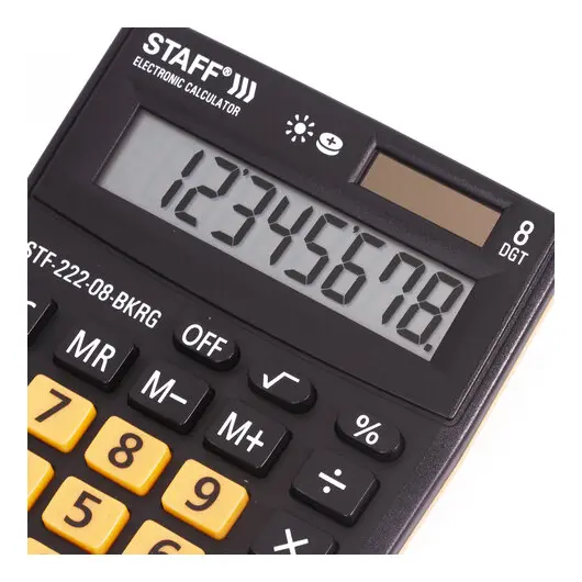 Калькулятор настольный STAFF PLUS STF-222-08-BKRG, КОМПАКТНЫЙ (138x103 мм), 8 разрядов, двойное питание, ЧЕРНО-ОРАНЖЕВЫЙ, 250469, фото 7