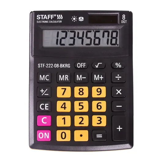 Калькулятор настольный STAFF PLUS STF-222-08-BKRG, КОМПАКТНЫЙ (138x103 мм), 8 разрядов, двойное питание, ЧЕРНО-ОРАНЖЕВЫЙ, 250469, фото 2