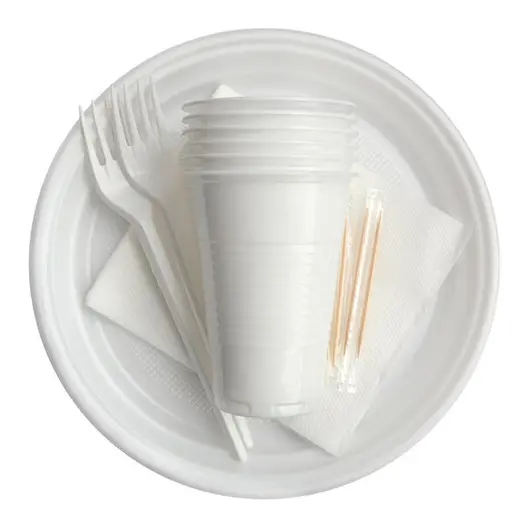 Набор одноразовой посуды OfficeClean на 6 персон (вилки, стаканы, тарелки, салфетки), фото 1