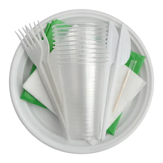Набор одноразовой посуды OfficeClean на 10 персон (вилки, ножи, стаканы, салфетки, тарелки), фото 1