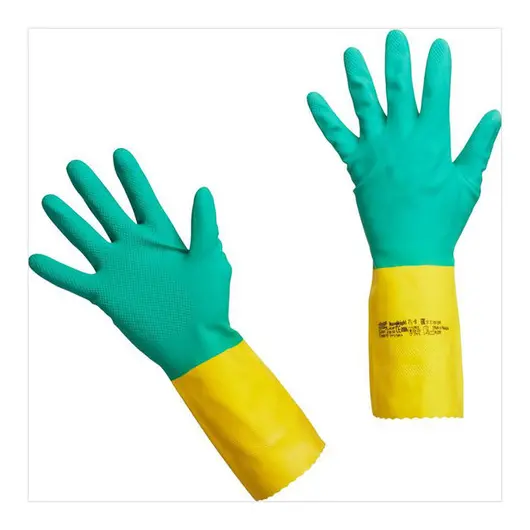 Перчатки резиновые Vileda Professional &quot;Усиленные&quot; с неопреном, р.L, зеленый/желтый, пакет, фото 1