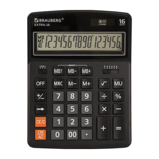 Калькулятор настольный BRAUBERG EXTRA-16-BK (206x155 мм), 16 разрядов, двойное питание, ЧЕРНЫЙ, 250475, фото 2
