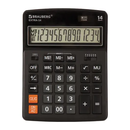 Калькулятор настольный BRAUBERG EXTRA-14-BK (206x155 мм), 14 разрядов, двойное питание, ЧЕРНЫЙ, 250474, фото 2